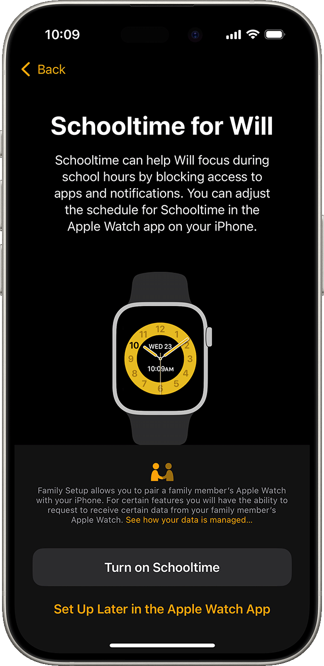 iPhone showing the Apple Watch Schooltime setup screen