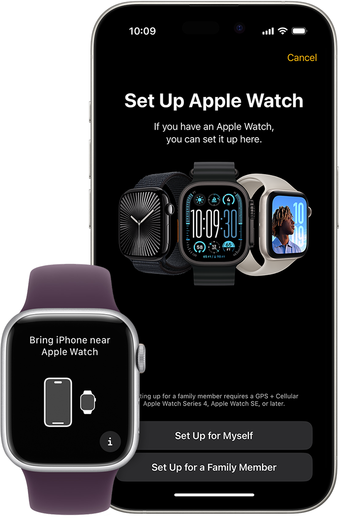 Apple Watch and iPhone showing the pairing screens on each device