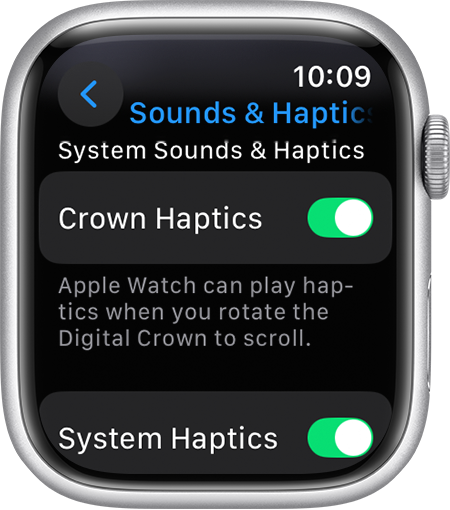 Apple Watch screen showing Crown Haptics settings