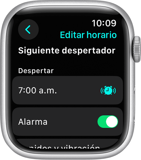 Un Apple Watch que muestra las opciones para ajustar la hora de activación y la alarma solo para la siguiente activación.