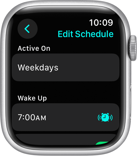 An Apple Watch that shows the options to adjust the Active On days and Wake Up time for a sleep schedule.