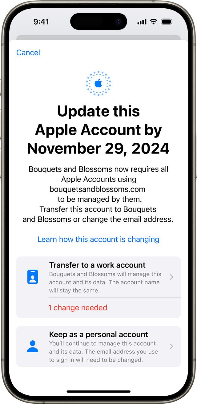 An iPhone screen displaying instructions to update an Apple Account by a certain date, including on-screen options to either transfer to a work account or to keep as a personal account.