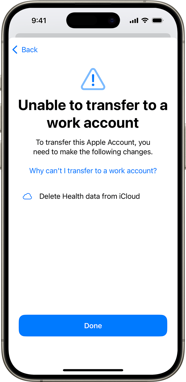 An iPhone screen displaying that the Apple Account is unable to be transferred to a work account until changes are made, including an example of why the account can't be transferred.