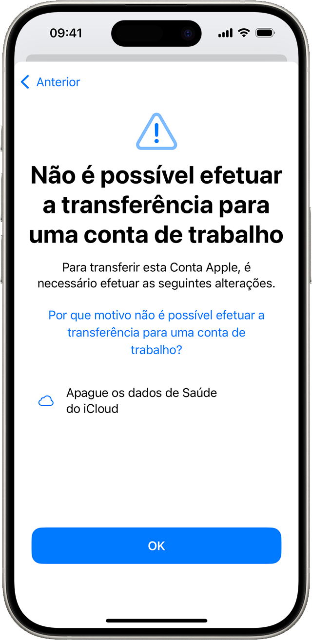 Um ecrã de iPhone a indicar que a Conta Apple não pode ser transferida para uma conta do trabalho até que sejam efetuadas alterações, incluindo um exemplo do motivo pelo qual a conta não pode ser transferida.