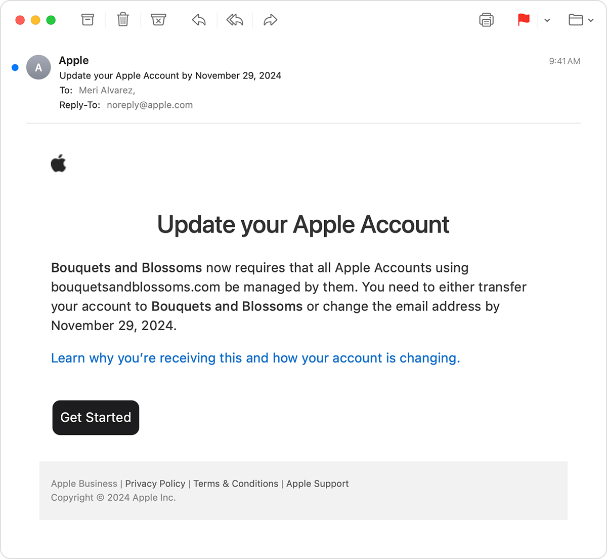 An example of an email from an Apple no-reply email address to an Apple Account using an organization's email domain with a subject line and message instructing the user to update their Apple Account, providing the options to either transfer the account to a work account or change the email address by a certain date.