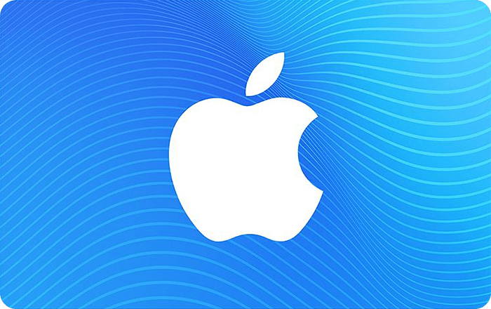 App Store- og iTunes-gavekort, der viser et hvidt Apple-logo på blå baggrund med et bølget mønster.