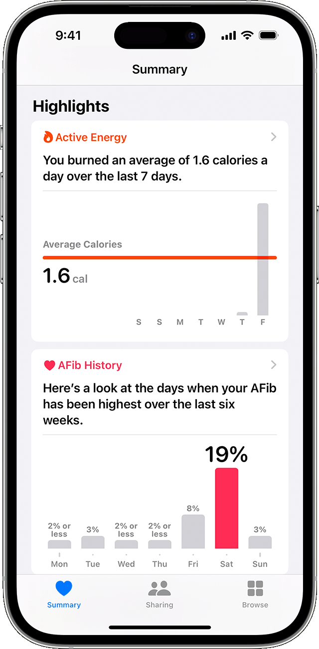 En iPhone, der viser sundhedshøjdepunkter såsom data fra Energi ved aktivitet og Historik over afli over tid.