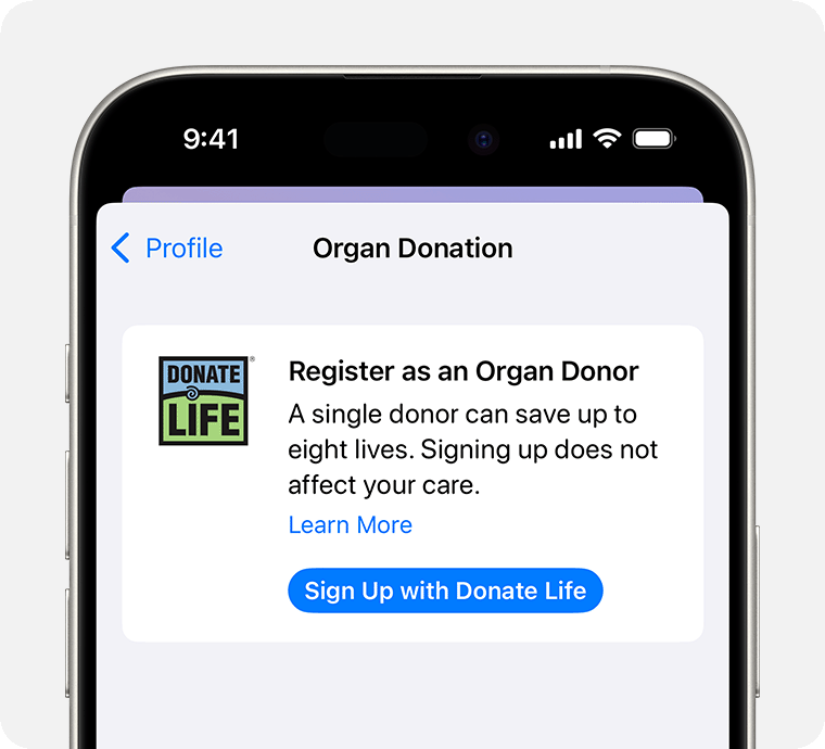 Un iPhone en el que se ve la opción de registro en Donate Life para ser donante de órganos.