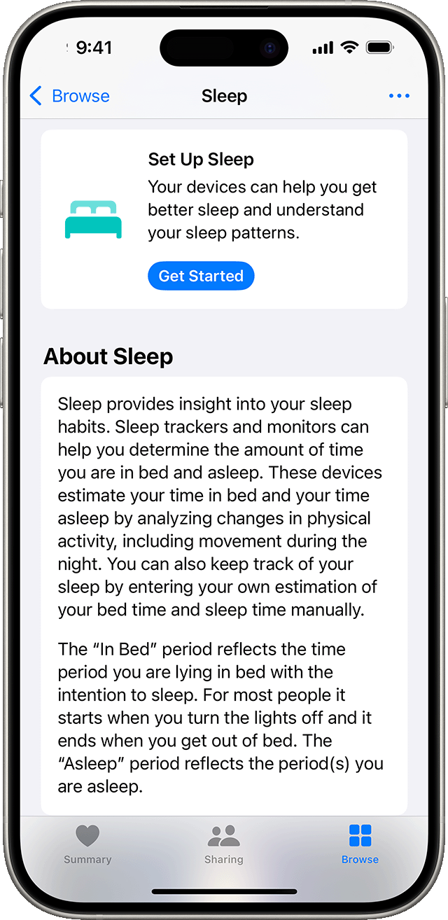 An iPhone that shows the Sleep screen in the Health app with a blue Get Started button to set up Sleep.