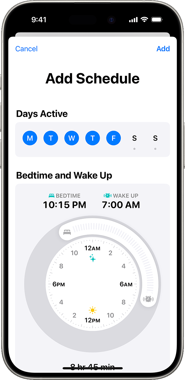 An iPhone that shows the Add Schedule screen with a sleep schedule set for 10:15 PM until 7:00 AM for Monday through Friday.