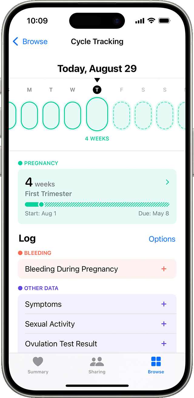 An iPhone that shows the Cycle Tracking screen with a pregnancy logged and the options to log bleeding or symptoms.