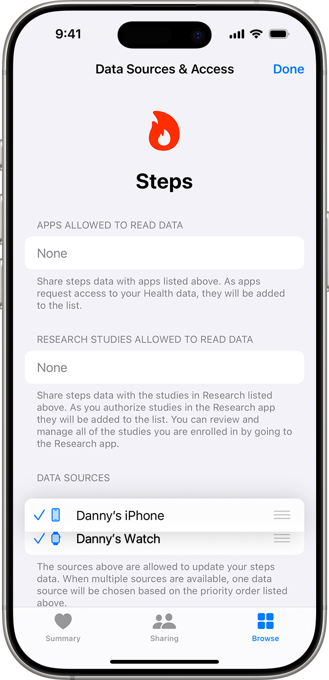 iPhone showing screen where data sources can be reordered