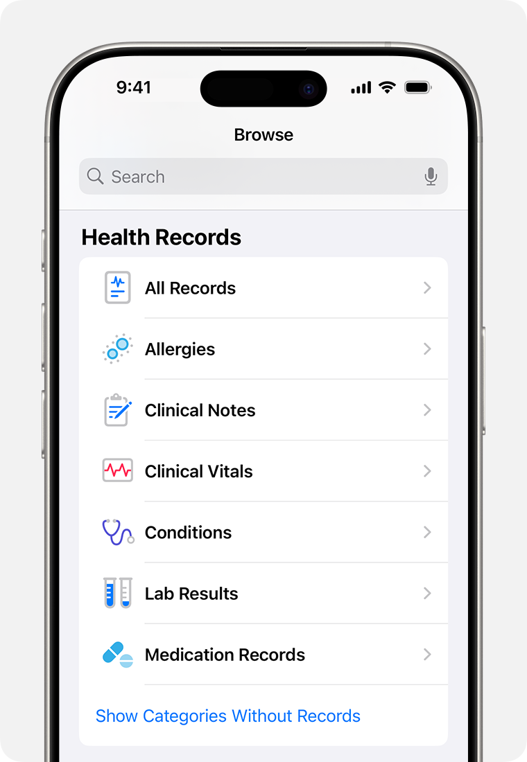 Una pantalla de iPhone con la lista de expedientes médicos disponibles que se pueden compartir con tu proveedor.