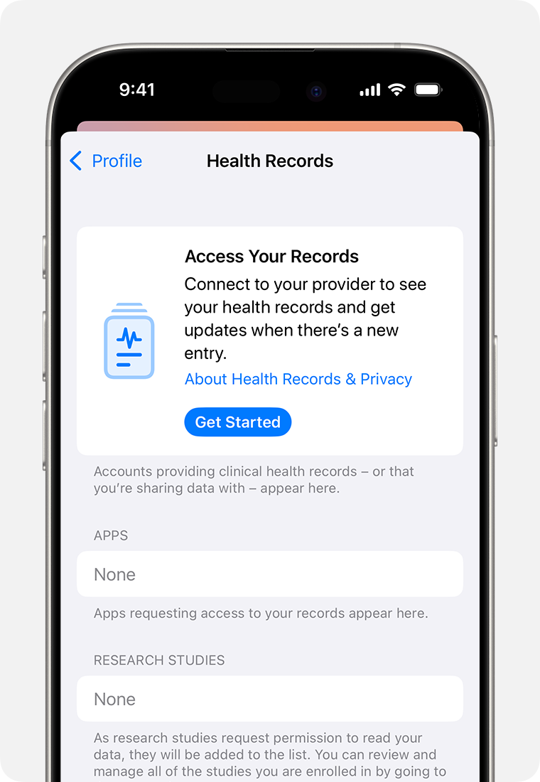 An iPhone screen with a Get Started button to connect to your healthcare provider.