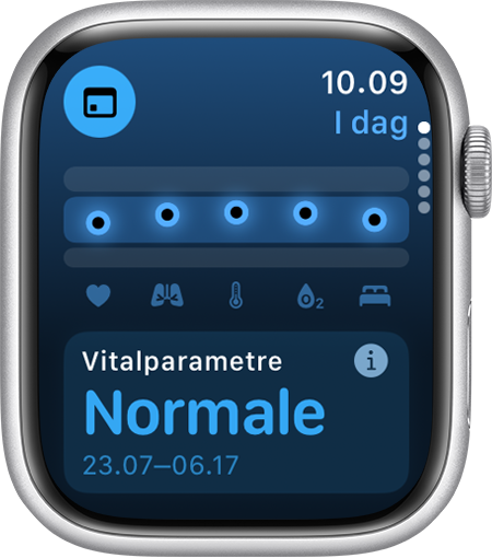 Et Apple Watch med visning af natlige vitalparametre inden for normalområdet for de seneste syv dage i appen Vitalparametre.