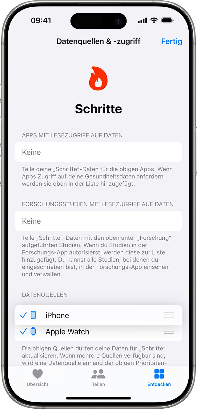 iPhone-Bildschirm, auf dem Datenquellen neu sortiert werden können