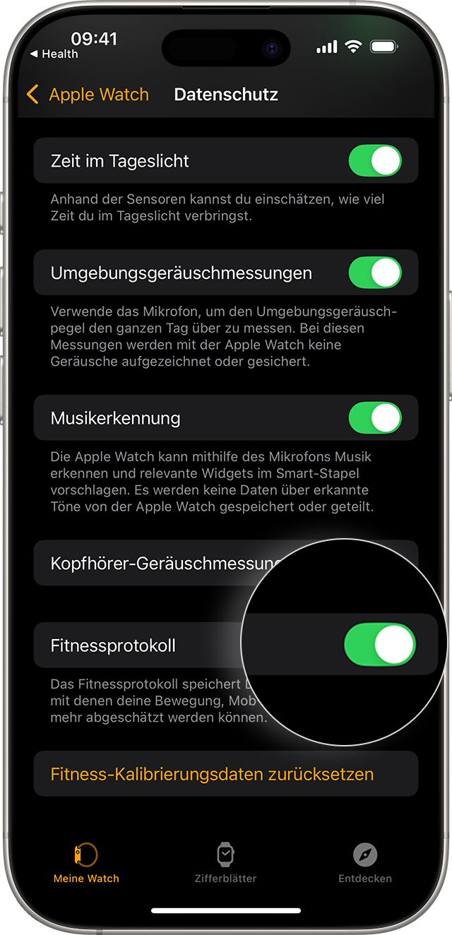 iPhone-Bildschirm mit Apple Watch-Datenschutzeinstellungen