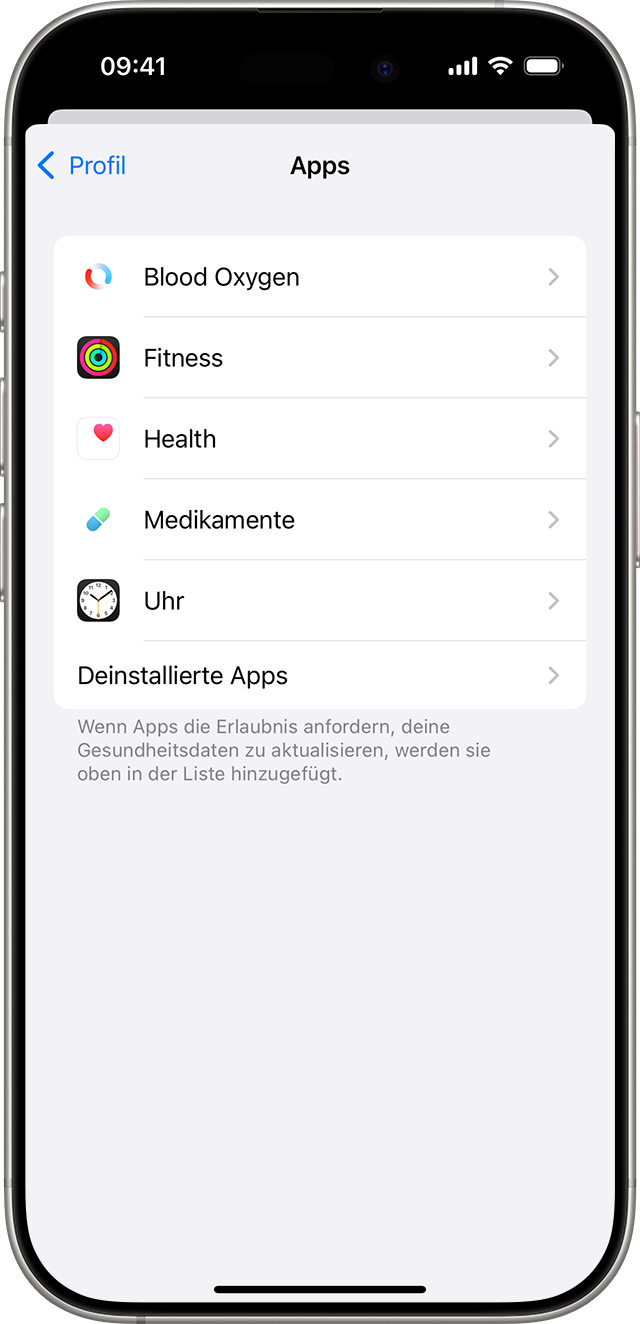 iPhone-Bildschirm mit Apps, die mit der Health-App verbunden sind