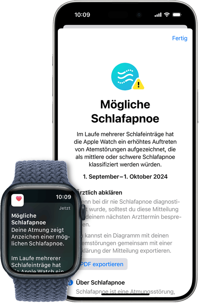 Ein iPhone, das den Bildschirm zur Ersteinrichtung für Schlafapnoe-Mitteilungen anzeigt, sowie eine Apple Watch mit einer Mitteilung über mögliche Schlafapnoe.