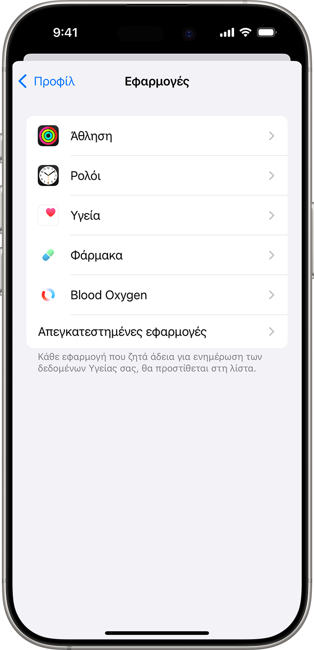 Οθόνη iPhone που εμφανίζει εφαρμογές συνδεδεμένες στην εφαρμογή Υγεία