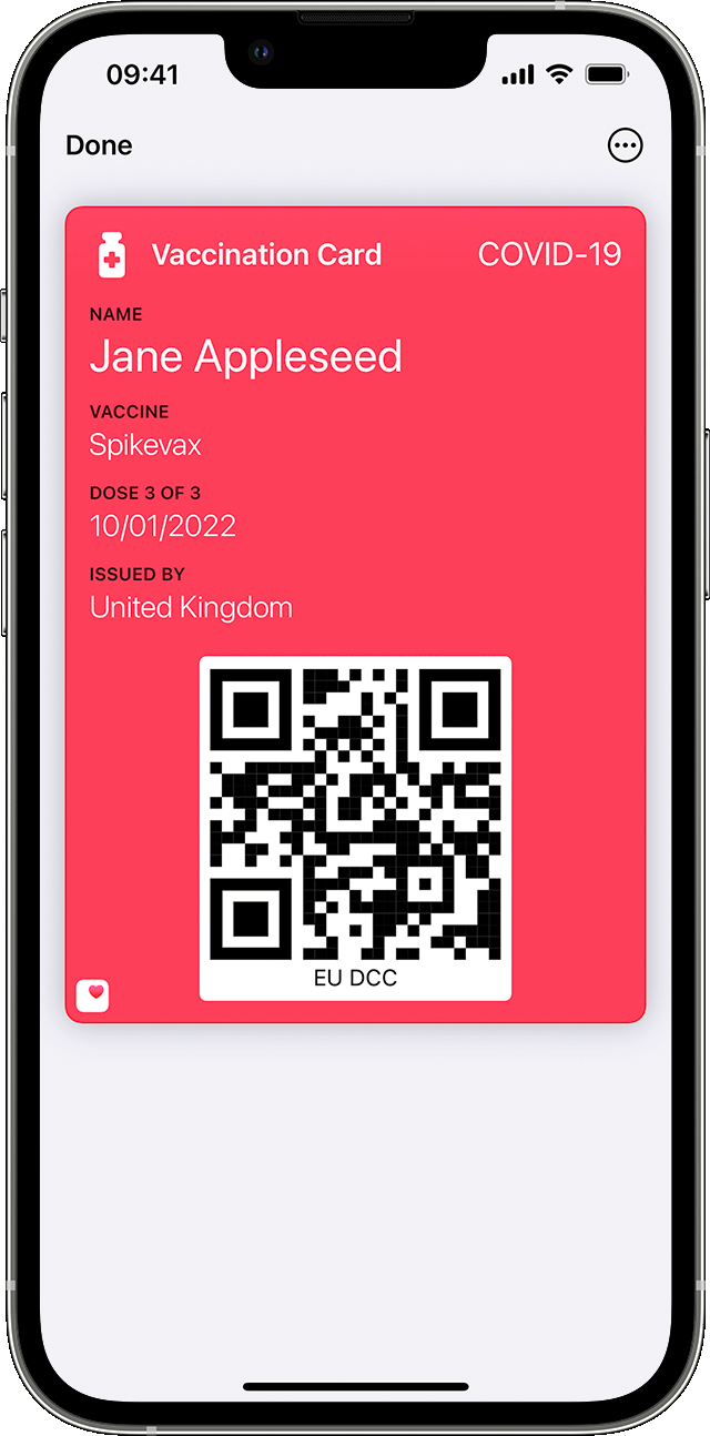 iPhone screen showing a Vaccination Card in the Wallet app