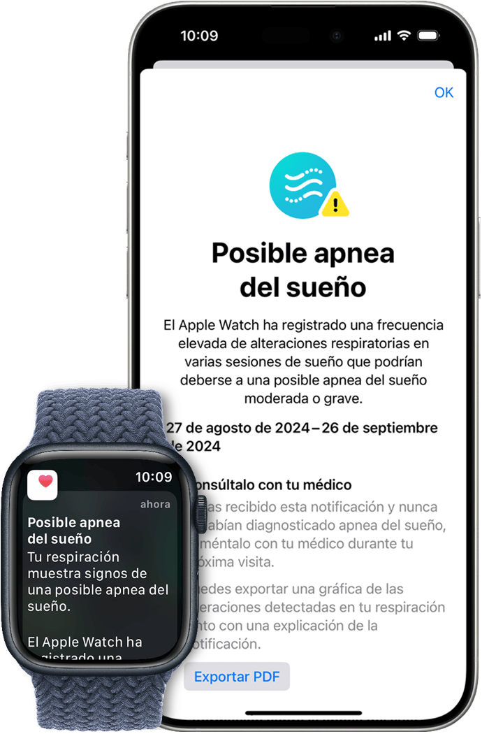 Un iPhone que muestra la pantalla de configuración inicial de las notificaciones de apnea del sueño y un Apple Watch que muestra una notificación de posible apnea del sueño.