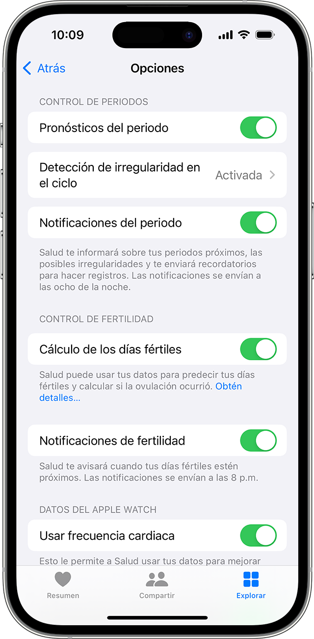 Un iPhone en el que se muestran las opciones de Control del Ciclo, como Pronósticos del periodo y Notificaciones de fertilidad.