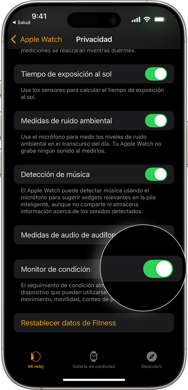 Pantalla de iPhone en la que se muestra la configuración de privacidad del Apple Watch