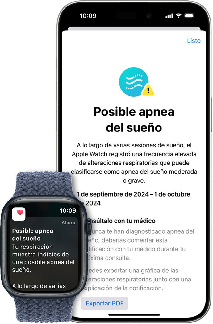 Un iPhone que muestra la pantalla de configuración inicial para Notificaciones de apnea del sueño y un Apple Watch que muestra una posible notificación de apnea del sueño.