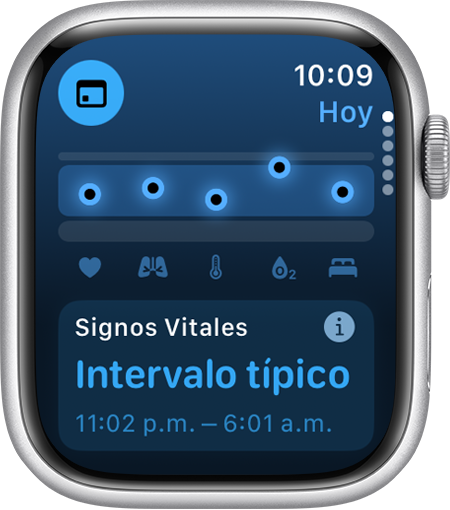 Un Apple Watch donde se muestran signos vitales nocturnos dentro de un rango típico durante los últimos 7 días en la app Signos Vitales.