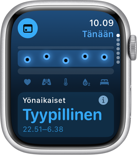 Apple Watch, joka näyttää, että yön aikana mitatut elintoiminnot ovat tyypillisellä vaihteluvälillä seitsemän viime päivän aikana Elintoiminnot-apissa.