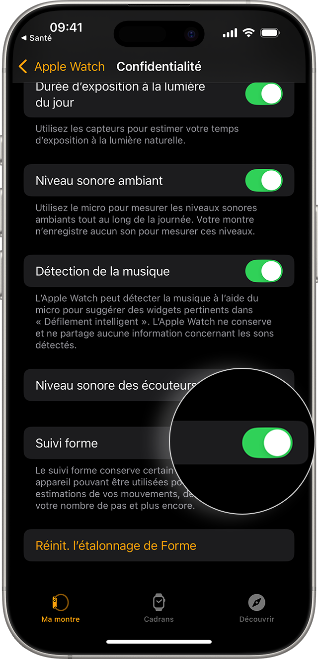 Écran d’un iPhone affichant les réglages de confidentialité de l’Apple Watch