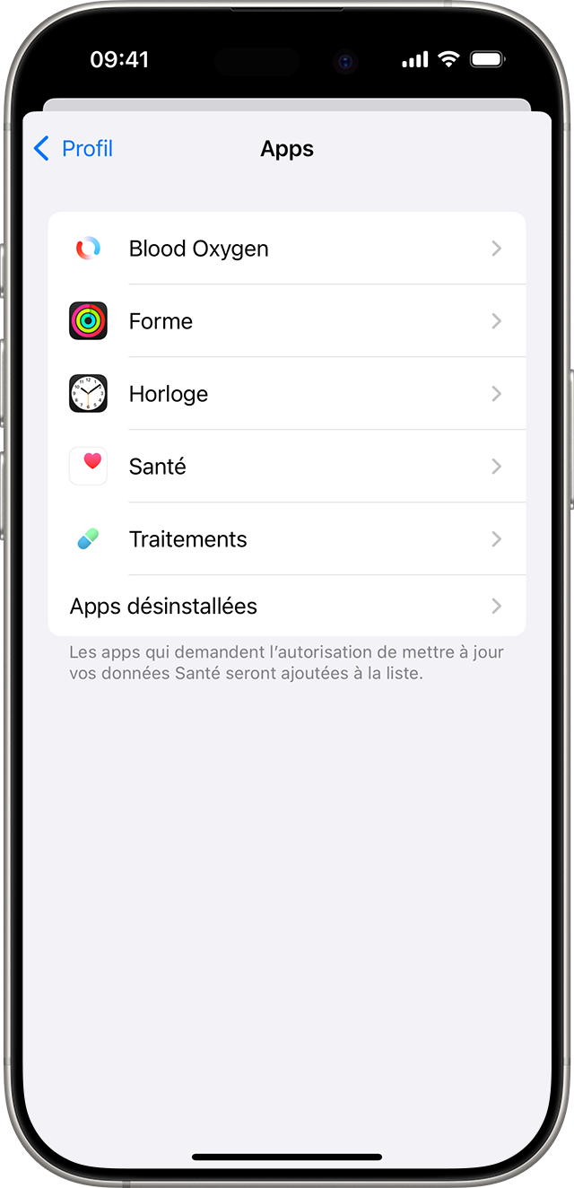 Écran d’un iPhone affichant les apps connectées à l’app Santé