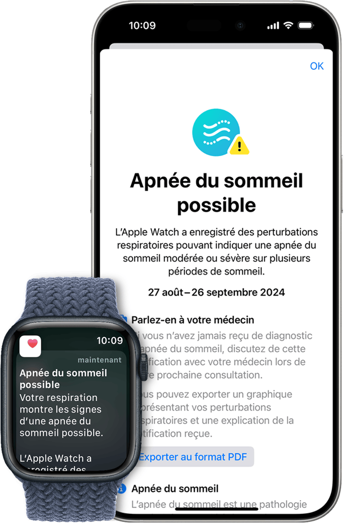 iPhone affichant l’écran de configuration initiale des notifications d’apnée du sommeil, et Apple Watch affichant une notification Apnée du sommeil possible.