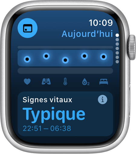 Apple Watch affichant les signes vitaux nocturnes sur une plage type au cours des 7 derniers jours dans l’app Signes vitaux.