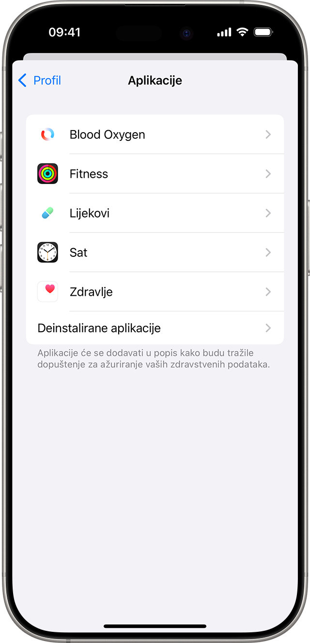 Zaslon iPhone uređaja prikazuje aplikacije povezane s aplikacijom Zdravlje