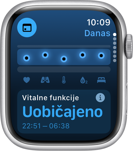 Apple Watch koji u aplikaciji Vitals prikazuje vitalne vrijednosti tijekom noći u uobičajenom rasponu za zadnjih 7 dana.