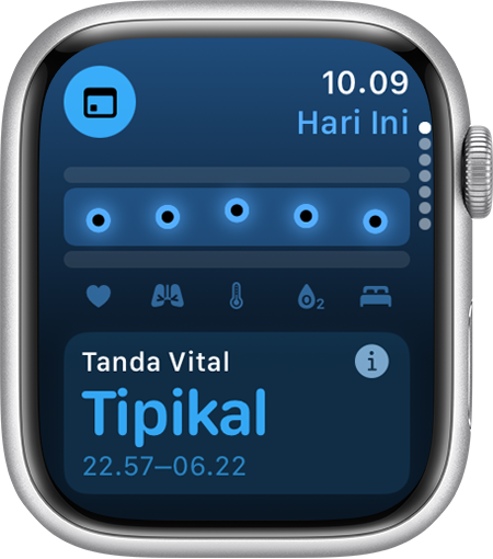 Apple Watch yang menampilkan Overnight Vitals (tanda vital semalam) dalam rentang tipikal selama 7 hari terakhir di app Vital.