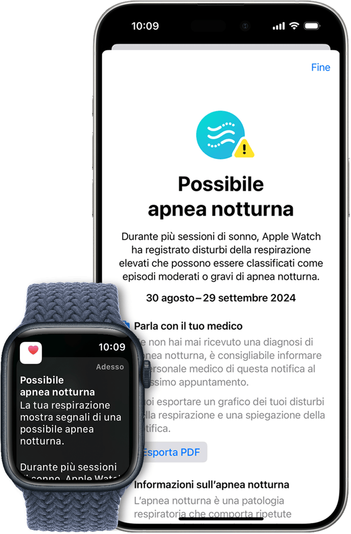 Un iPhone che mostra la schermata di configurazione iniziale di Notifiche apnea notturna e un Apple Watch che mostra una notifica di possibile apnea notturna.