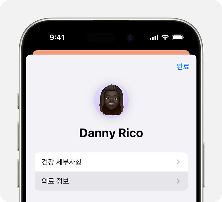 건강 세부사항 및 의료 정보를 선택할 수 있는 옵션이 있는 샘플 건강 프로필이 표시된 iPhone 화면.