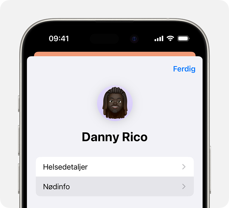 En iPhone-skjerm som viser et eksempel på en helseprofil med alternativene for å velge Helsedetaljer og Nødinfo.