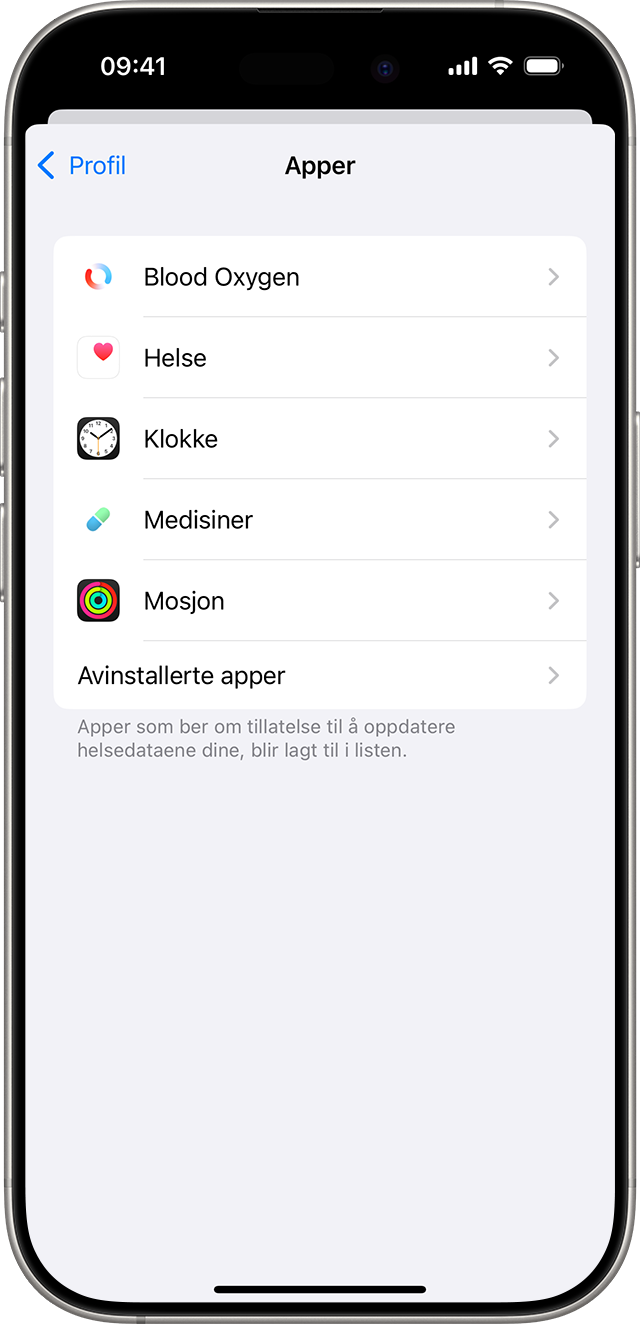 iPhone-skjerm som viser apper som er koblet til Helse-appen