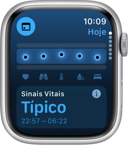 Um Apple Watch que mostra Sinais Vitais Durante a Noite dentro de um intervalo típico dos últimos 7 dias no app Sinais Vitais.