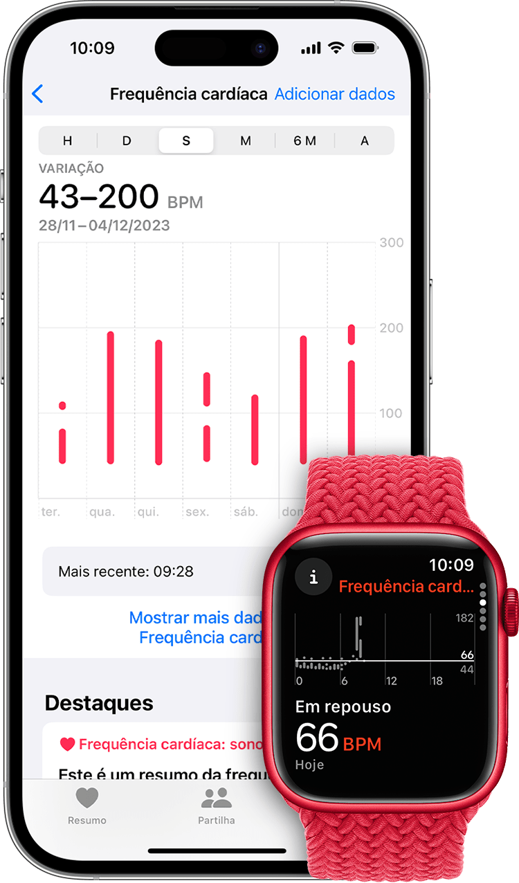 Um iPhone que mostra um gráfico de dados de frequência cardíaca para a semana e um Apple Watch que mostra um ritmo cardíaco de repouso de 57 batimentos por minuto.