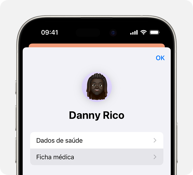 Um ecrã do iPhone que mostra um perfil de saúde de exemplo com as opções para selecionar Dados de saúde e Ficha médica.