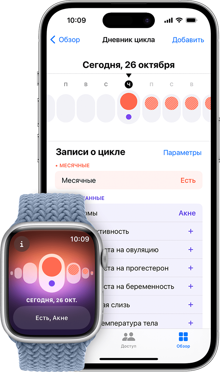 Экраны iPhone и Apple Watch, на которых показана внесенная в приложение «Отслеживание цикла» менструация.