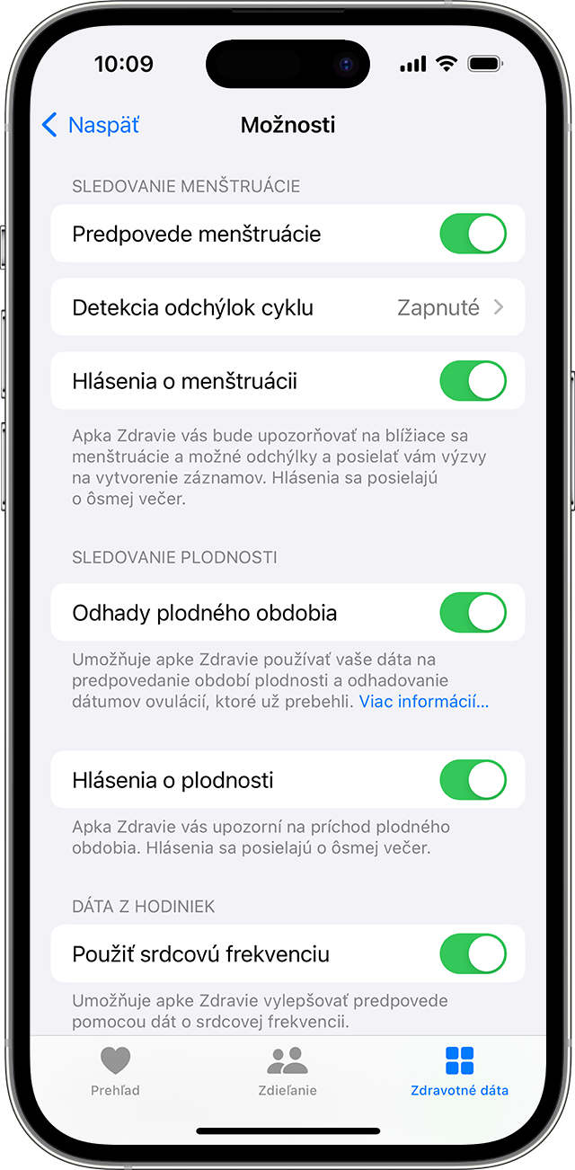 iPhone s možnosťami apky Sledovanie cyklu, ako sú Predpovede menštruácie a Hlásenia o plodnosti.