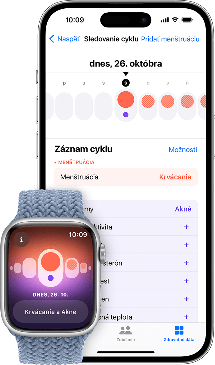 iPhone a hodinky Apple Watch s menštruáciou zaznamenanou v apke Sledovanie cyklu.