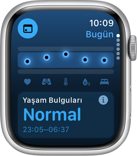 Yaşam Bulguları uygulamasında son 7 gün için normal aralık dahilinde olan Gece Boyu Alınan Yaşam Bulguları'nı gösteren bir Apple Watch.