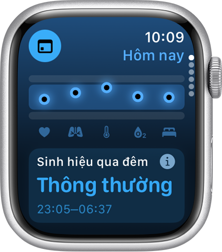 Apple Watch hiển thị Sinh hiệu qua đêm ở phạm vi thông thường trong 7 ngày qua, trong ứng dụng Sinh hiệu.